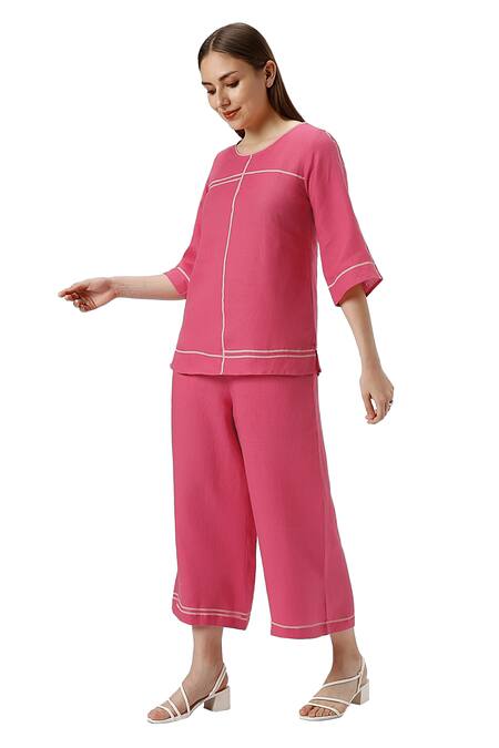 Kaveri_Pink 100% Linen Plain Round Neck Top And Pant Set _Online_at_Aza_Fashions