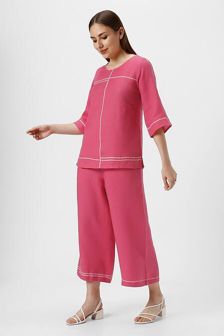 Buy_Kaveri_Pink 100% Linen Plain Round Neck Top And Pant Set _Online_at_Aza_Fashions