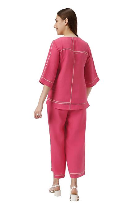Shop_Kaveri_Pink 100% Linen Plain Round Neck Top And Pant Set _Online_at_Aza_Fashions