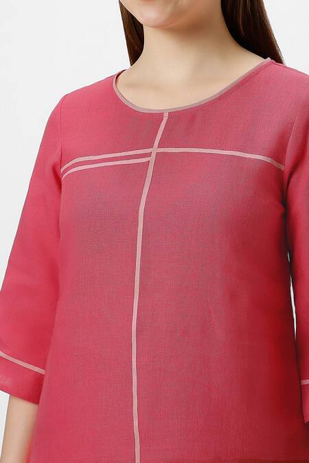Kaveri_Pink 100% Linen Plain Round Neck Top And Pant Set _at_Aza_Fashions
