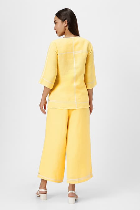 Shop Kaveri Yellow 100% Linen Plain Round Neck Top And Pant Set at Aza Fashions Shop_Kaveri_Yellow 100% Linen Plain Round Neck Top And Pant Set _at_Aza_Fashions