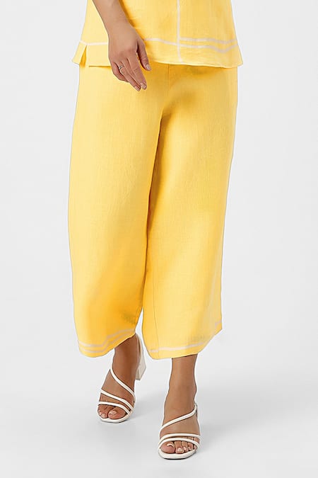 Kaveri Yellow 100% Linen Plain Round Neck Top And Pant Set Online at Aza Fashions Kaveri_Yellow 100% Linen Plain Round Neck Top And Pant Set _Online_at_Aza_Fashions