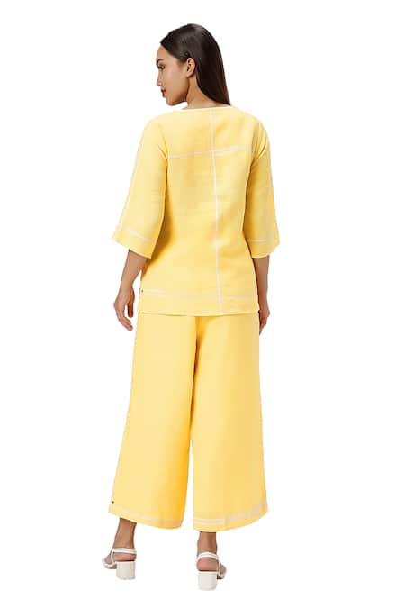 Kaveri Yellow 100% Linen Plain Round Neck Top And Pant Set at Aza Fashions Kaveri_Yellow 100% Linen Plain Round Neck Top And Pant Set _at_Aza_Fashions