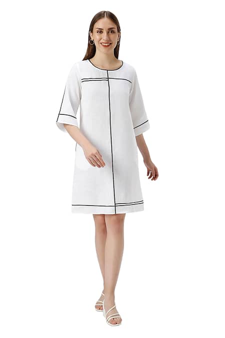 Kaveri White Linen Round Neck Crossroad Short Dress Online at Aza Fashions Kaveri_White Linen Round Neck Crossroad Short Dress _Online_at_Aza_Fashions