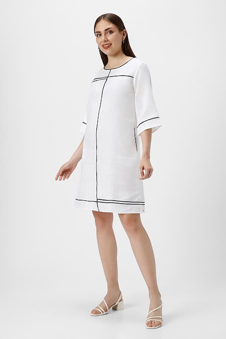 Buy Kaveri White Linen Round Neck Crossroad Short Dress Online at Aza Fashions Buy_Kaveri_White Linen Round Neck Crossroad Short Dress _Online_at_Aza_Fashions