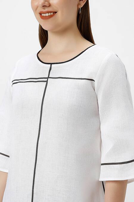 Kaveri White Linen Round Neck Crossroad Short Dress at Aza Fashions Kaveri_White Linen Round Neck Crossroad Short Dress _at_Aza_Fashions