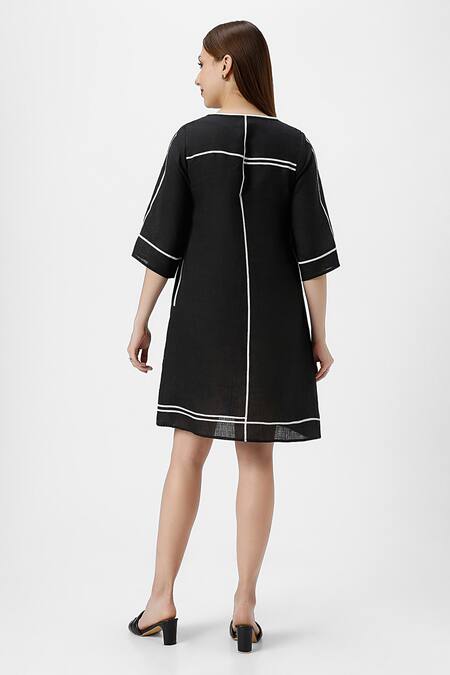 Shop Kaveri Black Linen Round Neck Crossroad Dress at Aza Fashions Shop_Kaveri_Black Linen Round Neck Crossroad Dress _at_Aza_Fashions