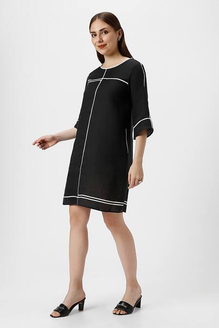 Shop Kaveri Black Linen Round Neck Crossroad Dress Online at Aza Fashions Shop_Kaveri_Black Linen Round Neck Crossroad Dress _Online_at_Aza_Fashions