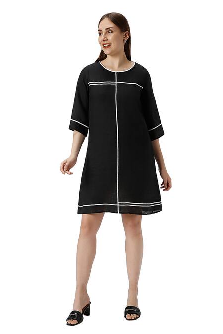 Kaveri Black Linen Round Neck Crossroad Dress at Aza Fashions Kaveri_Black Linen Round Neck Crossroad Dress _at_Aza_Fashions