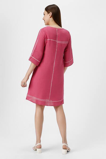 Shop_Kaveri_Pink Linen Round Neck Crossroad Panel Dress _at_Aza_Fashions