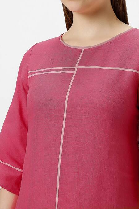 Kaveri_Pink Linen Round Neck Crossroad Panel Dress _Online_at_Aza_Fashions