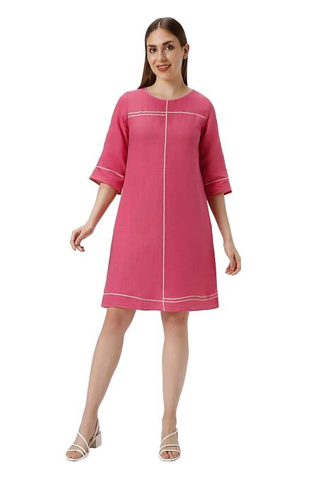 Buy_Kaveri_Pink Linen Round Neck Crossroad Panel Dress _Online_at_Aza_Fashions