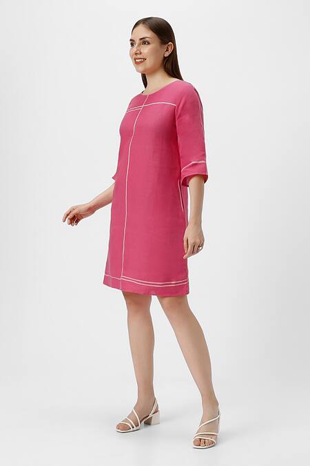 Shop_Kaveri_Pink Linen Round Neck Crossroad Panel Dress _Online_at_Aza_Fashions