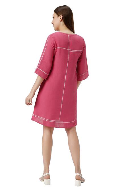 Kaveri_Pink Linen Round Neck Crossroad Panel Dress _at_Aza_Fashions