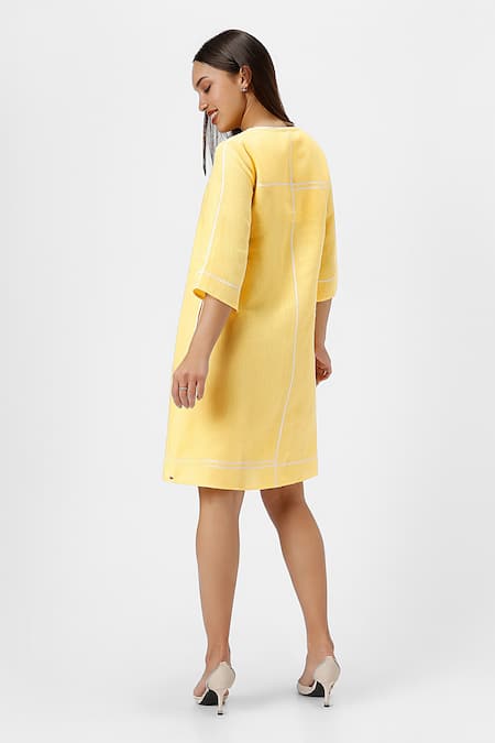 Kaveri Yellow Linen Round Neck Crossroad Panel Short Dress Online at Aza Fashions Kaveri_Yellow Linen Round Neck Crossroad Panel Short Dress _Online_at_Aza_Fashions