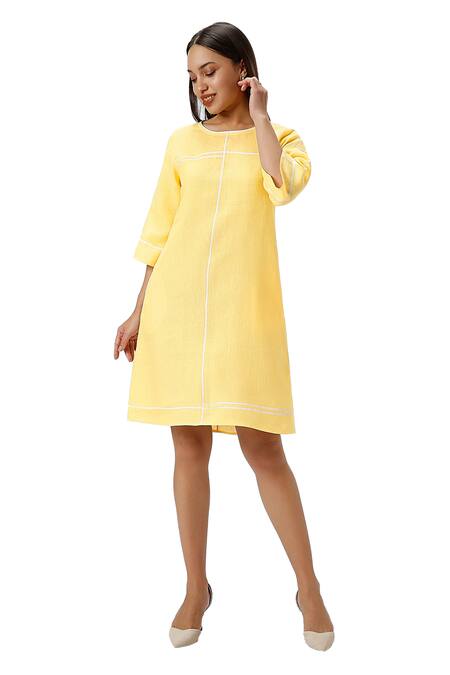 Buy Kaveri Yellow Linen Round Neck Crossroad Panel Short Dress Online at Aza Fashions Buy_Kaveri_Yellow Linen Round Neck Crossroad Panel Short Dress _Online_at_Aza_Fashions