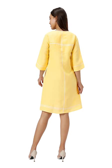 Shop Kaveri Yellow Linen Round Neck Crossroad Panel Short Dress Online at Aza Fashions Shop_Kaveri_Yellow Linen Round Neck Crossroad Panel Short Dress _Online_at_Aza_Fashions