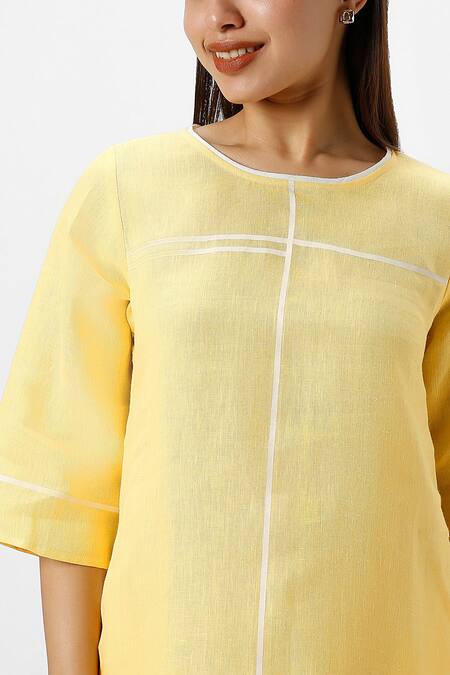 Kaveri Yellow Linen Round Neck Crossroad Panel Short Dress at Aza Fashions Kaveri_Yellow Linen Round Neck Crossroad Panel Short Dress _at_Aza_Fashions