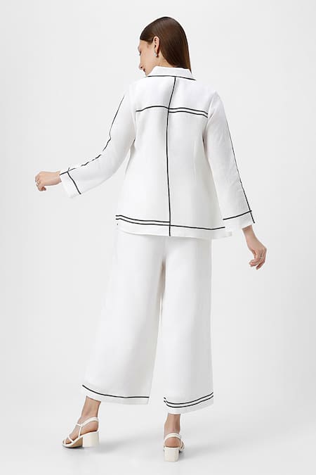 Shop_Kaveri_White 100% Linen Plain Jacket Collared Neck Crossroad Pant Set  _at_Aza_Fashions