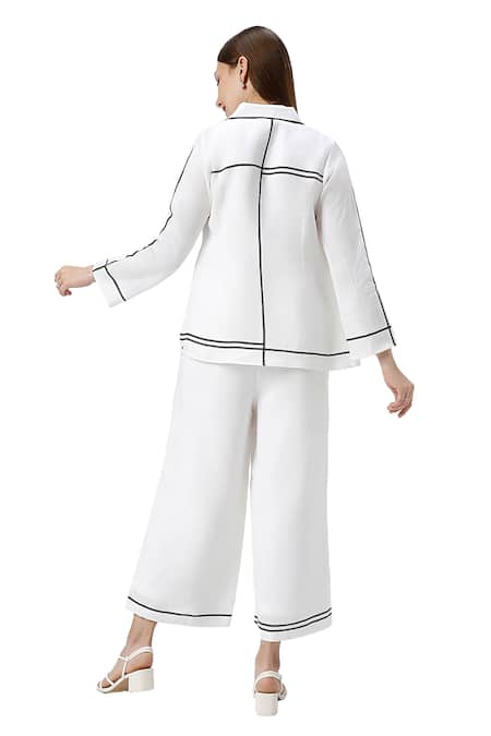 Kaveri_White 100% Linen Plain Jacket Collared Neck Crossroad Pant Set  _Online_at_Aza_Fashions