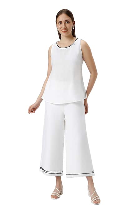 Buy_Kaveri_White 100% Linen Plain Jacket Collared Neck Crossroad Pant Set  _Online_at_Aza_Fashions