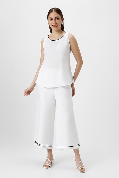 Shop_Kaveri_White 100% Linen Plain Jacket Collared Neck Crossroad Pant Set  _Online_at_Aza_Fashions