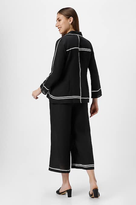 Shop Kaveri Black 100% Linen Plain Jacket Collared Neck Pant Set at Aza Fashions Shop_Kaveri_Black 100% Linen Plain Jacket Collared Neck Pant Set _at_Aza_Fashions