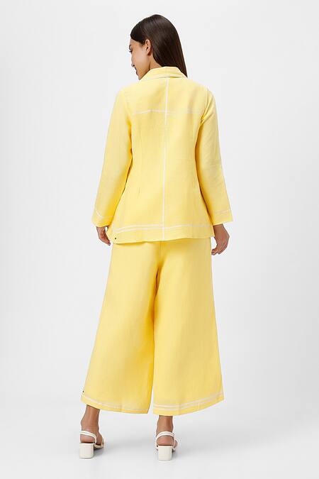 Shop_Kaveri_Yellow 100% Linen Plain Jacket Collared Neck Crossroad Pant Set  _at_Aza_Fashions