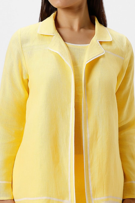 Kaveri_Yellow 100% Linen Plain Jacket Collared Neck Crossroad Pant Set  _Online_at_Aza_Fashions