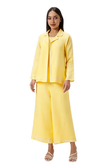 Buy_Kaveri_Yellow 100% Linen Plain Jacket Collared Neck Crossroad Pant Set  _Online_at_Aza_Fashions