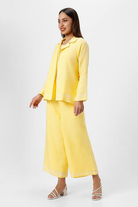 Shop_Kaveri_Yellow 100% Linen Plain Jacket Collared Neck Crossroad Pant Set  _Online_at_Aza_Fashions