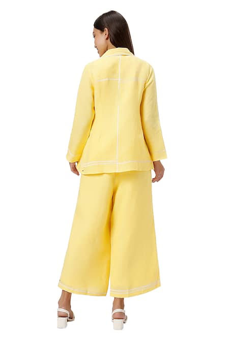 Kaveri_Yellow 100% Linen Plain Jacket Collared Neck Crossroad Pant Set  _at_Aza_Fashions