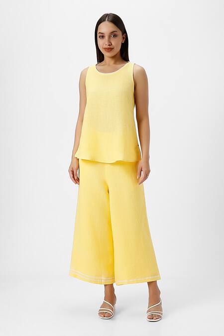 Buy_Kaveri_Yellow 100% Linen Plain Jacket Collared Neck Crossroad Pant Set  