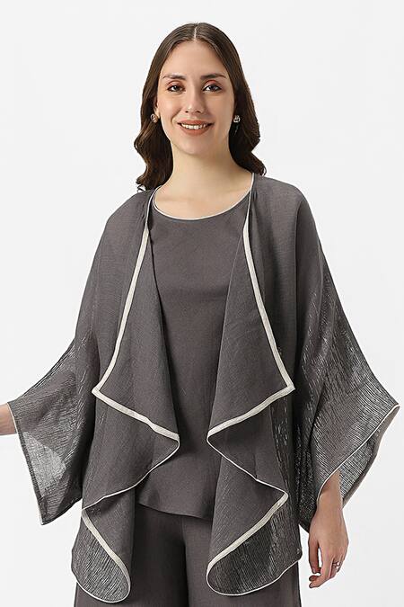 Kaveri_Grey 100% Linen Plain Jacket Open Neck Halley Georgia Pant Set  _Online_at_Aza_Fashions