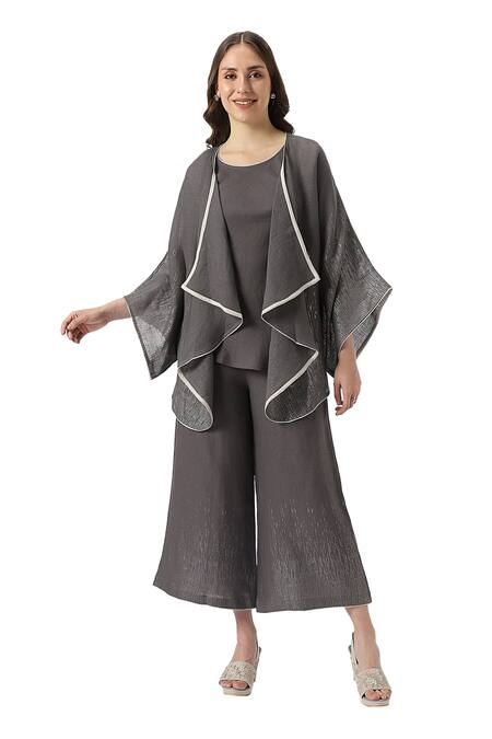 Buy_Kaveri_Grey 100% Linen Plain Jacket Open Neck Halley Georgia Pant Set  _Online_at_Aza_Fashions
