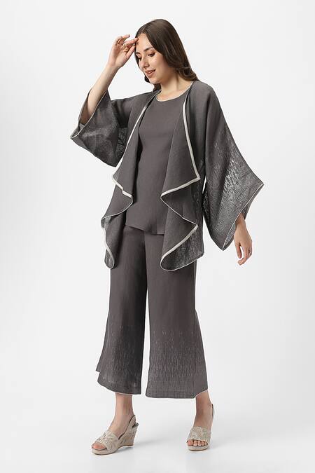 Shop_Kaveri_Grey 100% Linen Plain Jacket Open Neck Halley Georgia Pant Set  _Online_at_Aza_Fashions