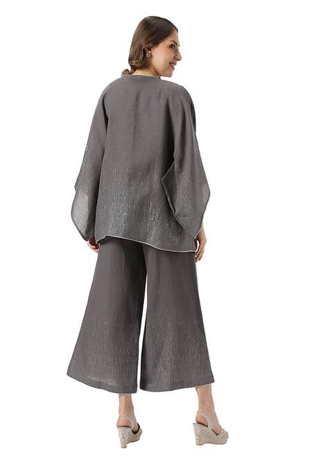 Kaveri_Grey 100% Linen Plain Jacket Open Neck Halley Georgia Pant Set  _at_Aza_Fashions