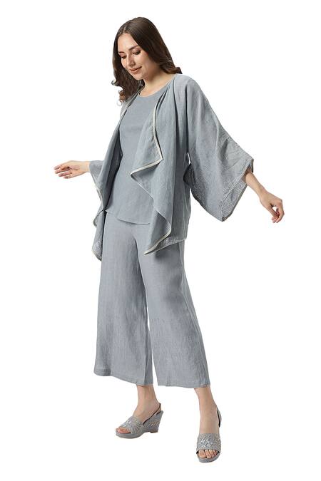 Kaveri_Blue 100% Linen Plain Jacket Open Halley Georgia Flared Pant Set  _Online_at_Aza_Fashions