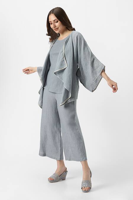 Buy_Kaveri_Blue 100% Linen Plain Jacket Open Halley Georgia Flared Pant Set  _Online_at_Aza_Fashions