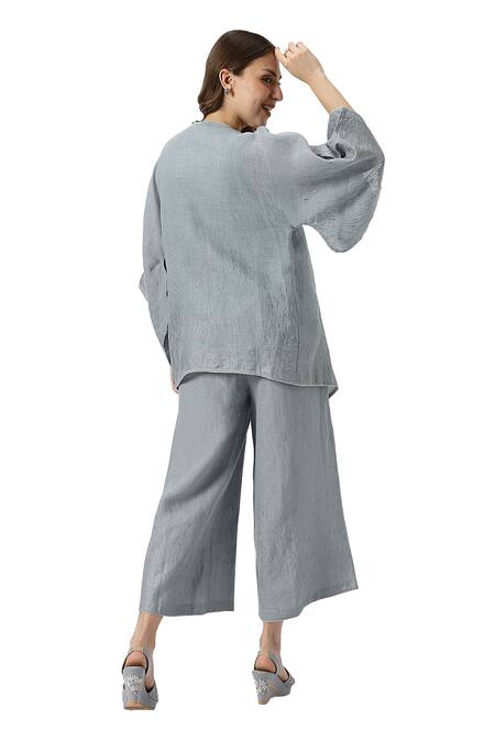 Shop_Kaveri_Blue 100% Linen Plain Jacket Open Halley Georgia Flared Pant Set  _Online_at_Aza_Fashions