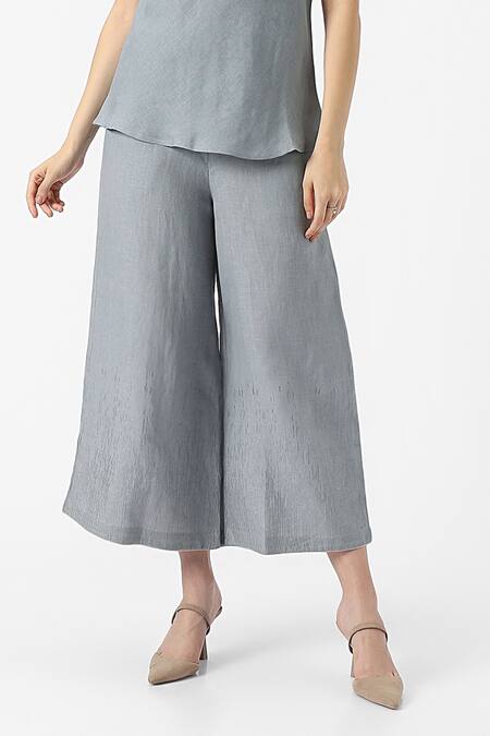 Kaveri_Blue 100% Linen Plain Jacket Open Halley Georgia Flared Pant Set  _at_Aza_Fashions