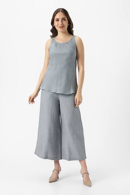 Buy_Kaveri_Blue 100% Linen Plain Jacket Open Halley Georgia Flared Pant Set  