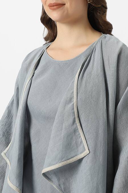 Shop_Kaveri_Blue 100% Linen Plain Jacket Open Halley Georgia Flared Pant Set  