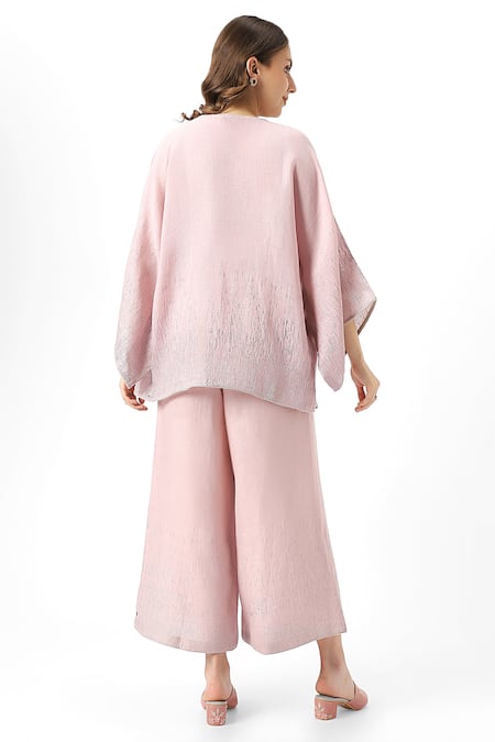 Shop_Kaveri_Pink 100% Linen Plain Jacket Open Neck Halley Georgia Pant Set  _at_Aza_Fashions