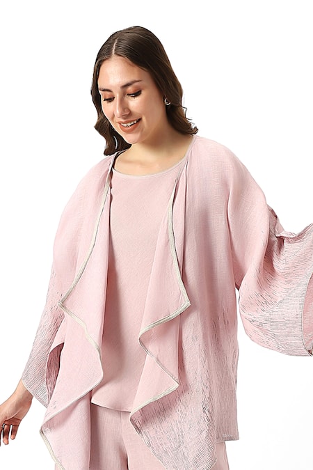 Kaveri_Pink 100% Linen Plain Jacket Open Neck Halley Georgia Pant Set  _Online_at_Aza_Fashions