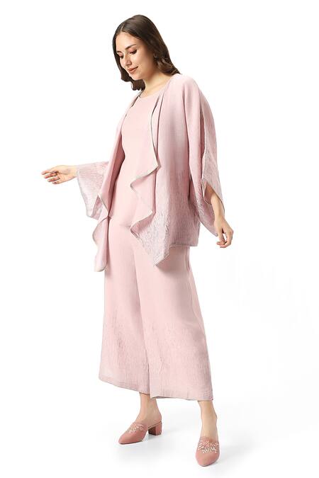 Buy_Kaveri_Pink 100% Linen Plain Jacket Open Neck Halley Georgia Pant Set  _Online_at_Aza_Fashions