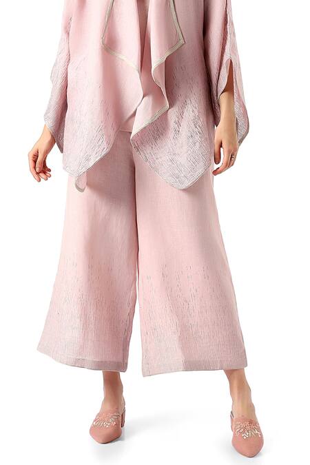 Shop_Kaveri_Pink 100% Linen Plain Jacket Open Neck Halley Georgia Pant Set  _Online_at_Aza_Fashions