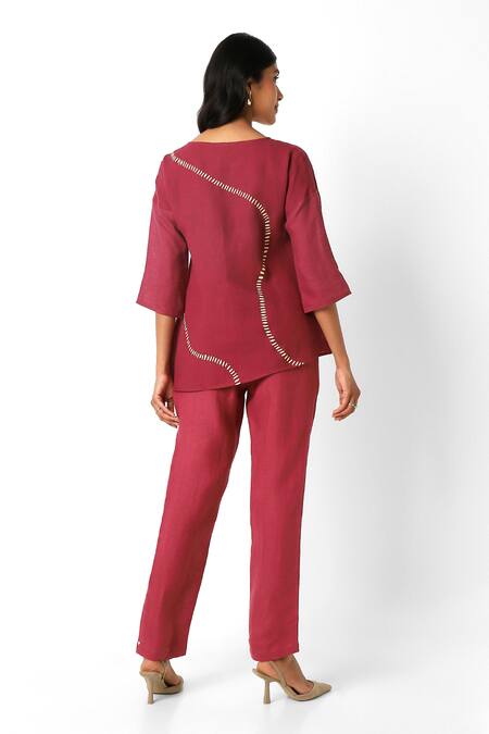 Shop Kaveri Wine 100% Linen Placement Hand Screen Forest Wiggle Top With Pant Online at Aza Fashions Shop_Kaveri_Wine 100% Linen Placement Hand Screen Forest Wiggle Top With Pant _Online_at_Aza_Fashions