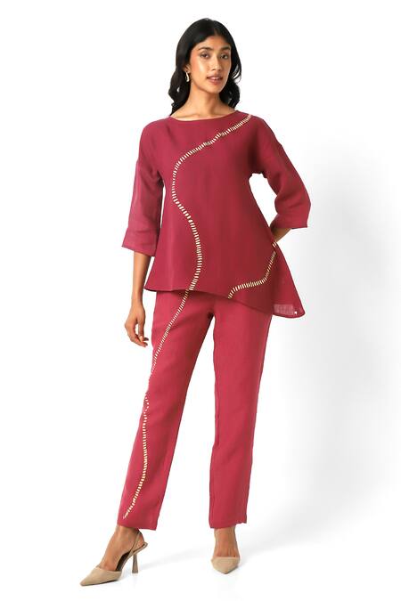 Kaveri Wine 100% Linen Placement Hand Screen Forest Wiggle Top With Pant at Aza Fashions Kaveri_Wine 100% Linen Placement Hand Screen Forest Wiggle Top With Pant _at_Aza_Fashions