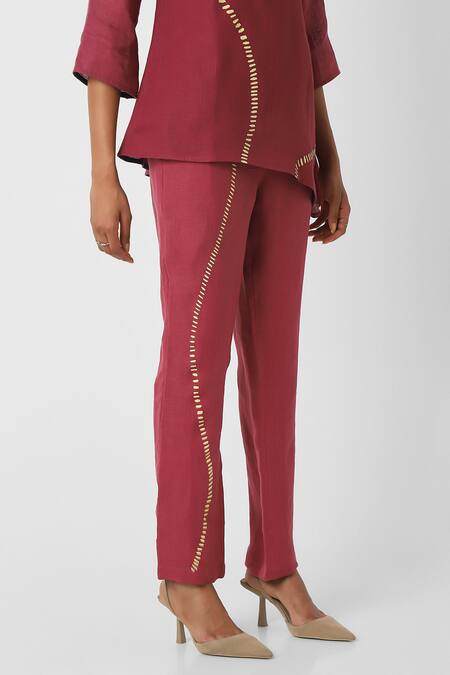 Buy Kaveri Wine 100% Linen Placement Hand Screen Forest Wiggle Top With Pant Buy_Kaveri_Wine 100% Linen Placement Hand Screen Forest Wiggle Top With Pant